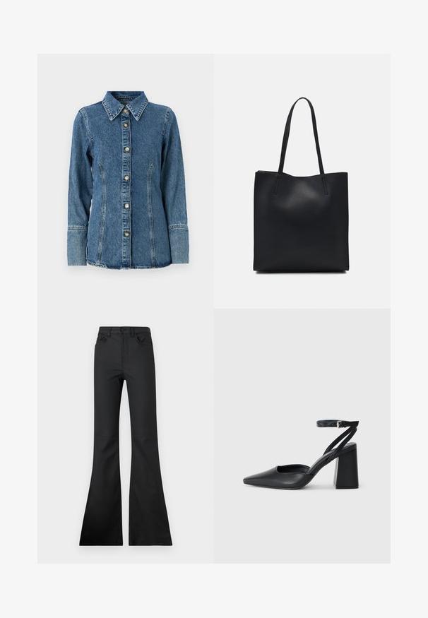 Denimová košeľa v stredne modrej farbe, s klasickým golierom, dlhými rukávmi, zapínaním na gombíky a kontrastným prešívaním na švoch.; Čierne rozšírené džínsy s stredným pásom, vyrobené z hladkej tkaniny. Obsahujú päť vreciek a viditeľné švy.; Čierne kožené lodičky s špicatou špičkou a členkovým remienkom, s masívnym podpätkom. Hladký povrch, elegantný dizajn a minimalistická estetika.; Čierna kožená taška na rameno s hladkým povrchom, obdĺžnikovým tvarom a dvoma dlhými uchami. Bez viditeľného kovania alebo ozdôb.