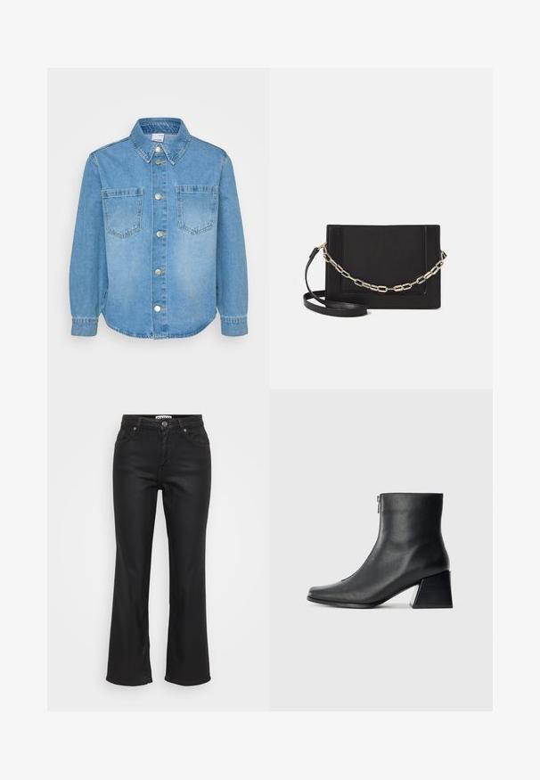 Denim shirt in light blue with a classic collar, long sleeves, two chest pockets, and silver button closures down the front. Smooth texture.; Black flared jeans made of denim, featuring a front button closure, five pockets, and a smooth, slightly shiny texture.; Black leather ankle boot with square toe, side zipper, and block heel against plain light background.; Black leather crossbody bag featuring a smooth texture, rectangular shape, and a metallic chain detail on the front. Adjustable strap included.