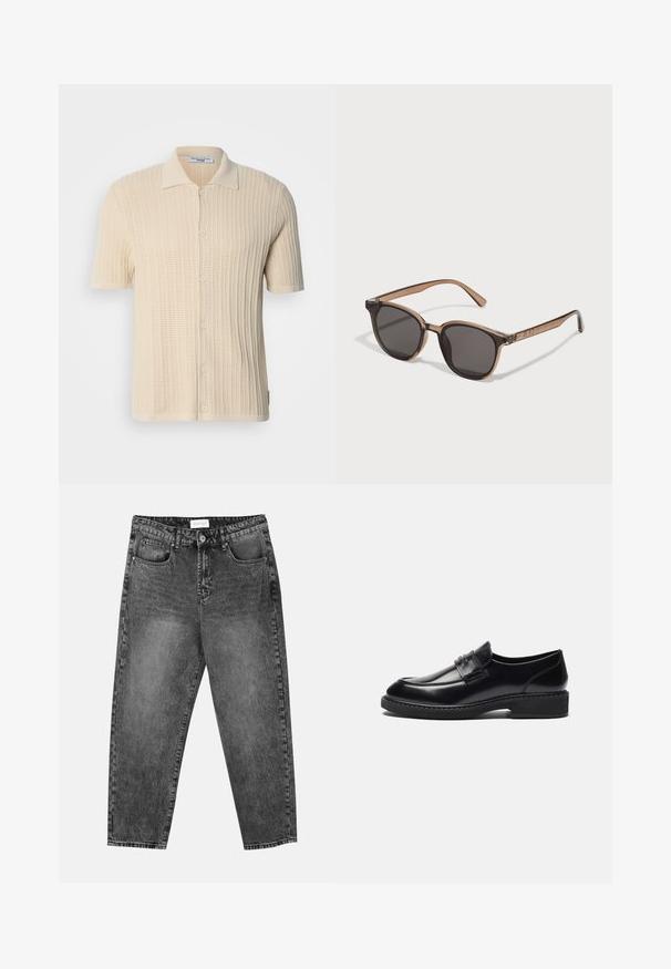 Kratký rukáv krémová košile s texturovaným pleteným vzorem, zapínání na knoflíky a klasickým límcem. Vyznačuje se žebrovaným vzorem po celém povrchu.; Sada pěti triček s krátkým rukávem v bílé, béžové, světle šedé, tmavě šedé a černé barvě. Vyrobena z hladké bavlny, s designem kulatého výstřihu.; Černé prané rovné džíny s předními a zadními kapsami, poutky na opasek a knoflíkovým zapínáním v pase.; Zign LEATHER - Elegantní nazouvací boty - black; Hnědé plastové sluneční brýle s tmavými skly, kulatý tvar a zúžené nožky. Výrazná ozdoba na stranicích.; Černá dufflová taška s pevnými rukojeťmi a odnímatelným popruhem. Vyrobena z hladkého materiálu, disponuje zipovým uzávěrem a minimalistickým designem.