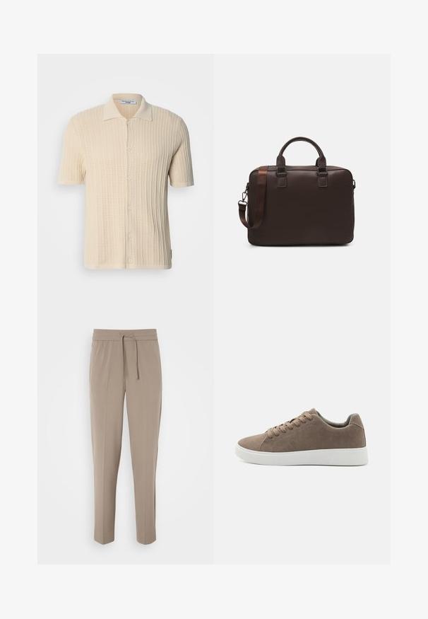 Cămașă crem cu mânecă scurtă, cu un design tricotat texturat, cu închidere cu butoane pe față și un guler clasic. Prezintă un model striat pe întreaga suprafață.; Pantaloni bej deschis cu un brâu elastic, șnur ajustabil și picioare conice. Materialul pare neted, cu un ușor luciu.; Adidași din suede maro cu talpă din cauciuc albă plată, design cu șireturi, vârf rotund și o textură netedă. Stil minimalist cu detalii de cusătură discrete.; Geantă pentru laptop din piele maro cu o suprafață texturată, mânere superioare duale, curea ajustabilă și două catarame frontale pentru un detaliu suplimentar.