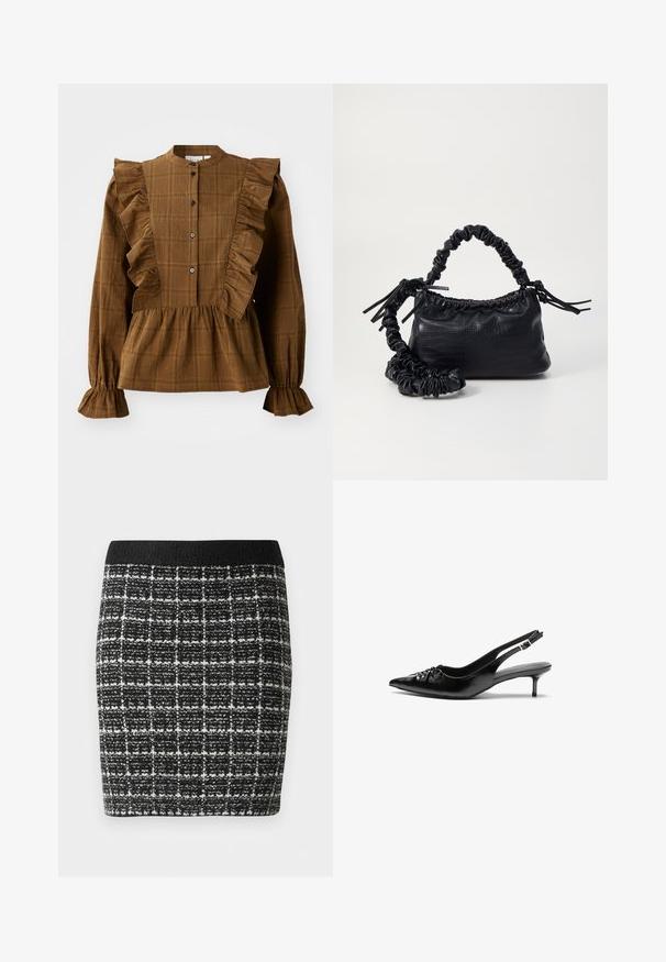 Rjava karo bluzo z naborki ob ramenih in spredaj. Polne rokave in nabran rob ustvarjajo teksturiran, plasten videz.; Krila v črno-belem šahu z teksturiranim materialom, z črnim pasom in prilegajočo silhueto.; Črne usnjene slingback pete z izostrenim nosom, majhno mačje peto in okrasno vozličasto podrobnostjo na sprednjem delu. Gladka tekstura po celotni površini.; Črna torbica iz umetnega usnja s krokodilovo teksturo, z zvitim vrhom in zmečkano naramico. Zdi se mehka in kompaktna v oblikovanju.