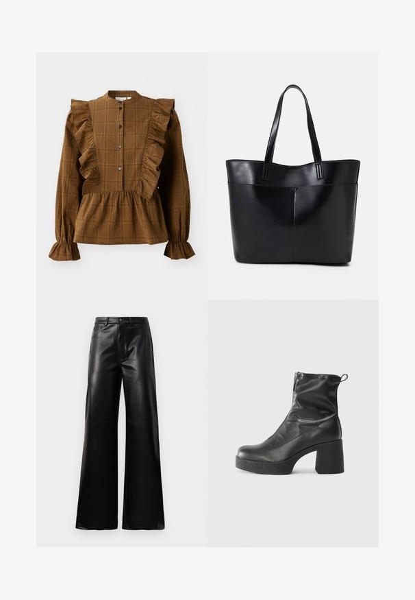 Ruda langinė palaidinė su raukšlėmis pečių ir priekyje. Pilni rankovės ir susiraukšlėtas apatinis kraštas sukuria tekstūruotą, sluoksniuotą išvaizdą.; Juodos aukšto juosmens plačios kojų dirbtinės odos kelnės su priekiniais mygtukais, užtrauktuku, diržo kilpomis ir šoninėmis kišenėmis ant balto fono.; Juodos kulkšninių botai, pagaminti iš lygaus odos, su šoniniu užtrauktuku, masyviu tekstūruotu kulnu ir apvaliu pirštu.; Juoda odinė rankinė su dviem ilgais diržais, lygiu paviršiumi ir struktūrizuota forma. Yra priekinė kišenė papildomam saugojimui.