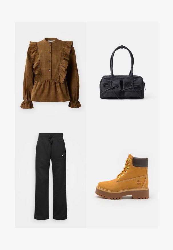 Blusa a quadri marrone con dettagli a volant lungo le spalle e il davanti. Maniche ampie e orlo arricciato creano un aspetto testurizzato e a strati.; Pantaloni sportivi neri realizzati in misto cotone, con vita elasticizzata regolabile, gambe dritte e logo bianco Nike sul lato sinistro.; Stivale alla caviglia impermeabile color beige con suola in gomma robusta, punta rotonda, colletto in pelle marrone, lacci gialli e un logo sul lato.; Borsa in tessuto nero con due tasche frontali decorate con fiocchi, doppi manici e chiusura zip. Texture morbida e forma rettangolare.