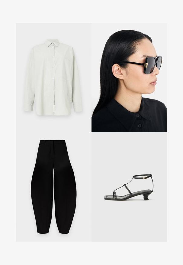 Light green, long-sleeve button-up shirt with a subtle stripe pattern, front pocket, and a structured collar. Classic fit and smooth texture.; Black wide-leg trousers with a high waist, pleated front, and tapered ankles. Made from smooth fabric with a matte finish.; Black leather sandal with a square toe, thin straps, adjustable ankle strap, and a low heel. Features a small gold accent on the strap.; Tory Burch Sunglasses - black/dark grey