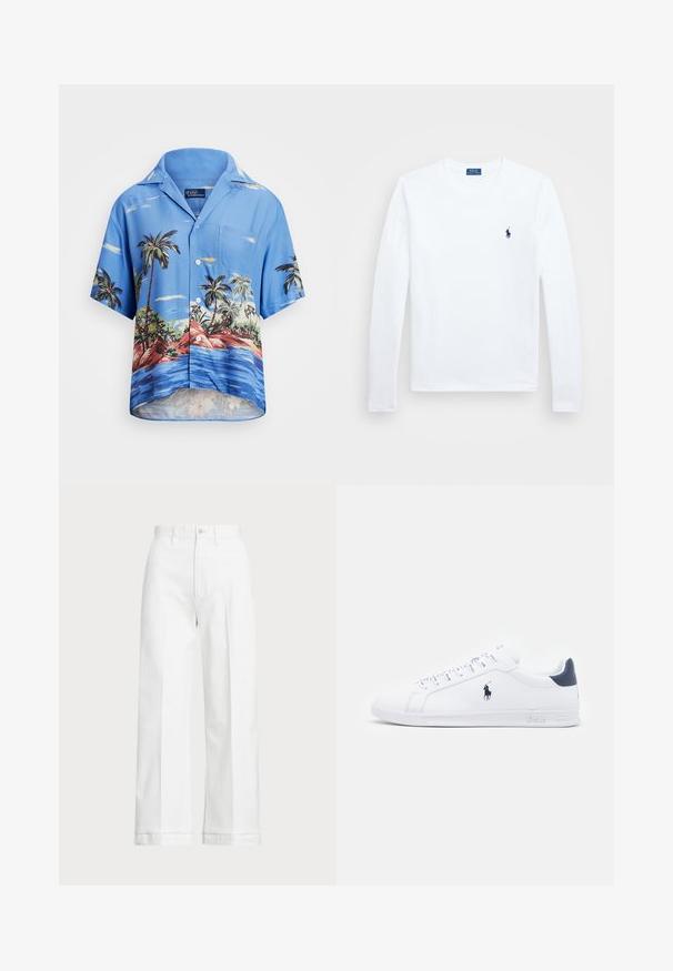 Korte erm blå knappeskjorte med tropisk trykk av palmer, røde steiner og vann, laget av lett stoff.; Hvit langermet skjorte, i bomullsmateriale, med rund hals, som har en liten marineblå logo på venstre bryst. Enkelt design, vanlig passform.; Hvite vidde bukser med høy midje, med knappelukking og subtile sømdetaljer. Laget av bomull med en glatt tekstur.; Hvite lær sneakers med en glatt overflate, marineblå detaljer og en liten logo på siden. Har flate lisser og strukturet gummisåle.