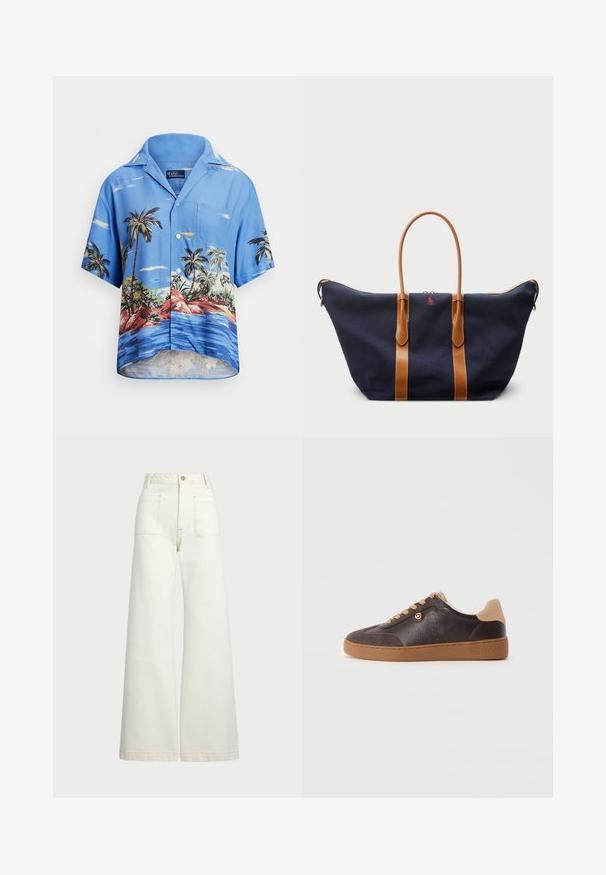 Lühikeste varrukatega sinine nööpidega särk, millel on troopiline print palmipuudest, punastest kaljudest ja veest, valmistatud kergest kangast.; Laiad teksad heledast denimist. Kõrge vöökoht, nööbivöö, kaks esikotitäit ja kontrastsed õmblused.; Tumedat pruunid nahast ja sametist tennisetossud, millel on beeži värvi nöörid ja tald, kuldne logo aksent ning "Michael Kors" pressitud taldal.; Tumesinise kanvasest duffel-kott, millel on pronksist nahk rihmad, lukuga sulgemine ja väike punane logo esiküljel, millel on lai ja avar disain.