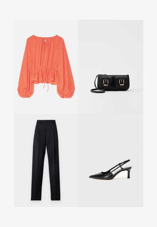 Koraļļu blūze ar savilkta kakla izgriezumu, regulējamu auklu, peplum apakšmalu un apjomīgām, pieguļošām piedurknēm. Mīksta auduma ar gludu faktūru.; Melnas bikses, izgatavotas no gludas auduma, ar augstu vidukli, platiem bikšu galdniekiem, priekšējiem krokām un klasiskām jostu cilpām. Sānu kabatas nav redzamas.; Melna patent āda ar slīdošo papēdi un smailo purngalu, ar teksturētu čūsku drukājumu, regulējamu siksniņu un īsu teksturētu blokpapēdi.; Melnas ādas crossbody soma ar divām priekšējām kabatām, zelta sprādzēm, ar rāvējslēdzēju aizdari un šauru siksnu. Strukturēta virsma un kompakta taisnstūra forma.