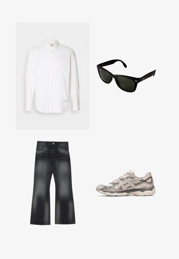 Fehér, hosszú ujjú, gombos galléros ing, amely pamutból készült, egyetlen mellzsebbel rendelkezik és diszkrét textúrája van.; Fekete, koptatott denim flared farmernadrág, öt zsebbel és kontrasztos varrással, enyhén széles lábnyílással.; Világosszürke sportcipő, hálós és velúr felsőrésszel. Kényelmes talppal, hangsúlyos díszítésekkel és strukturált dizájnnal rendelkezik.; Fekete műanyag napszemüveg sötétzöld lencsékkel. A négyzet alakú keret dizájnja ezüst kiegészítőkkel és a szár végén lévő dombornyomott logóval rendelkezik.