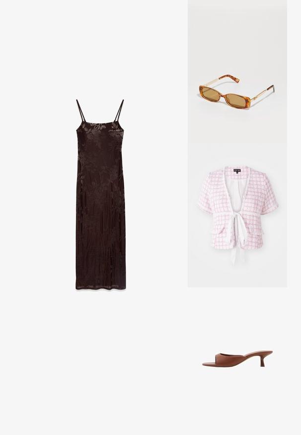 Różowa, w kratkę kurtka z krótkim rękawem, zapinana na sznurek, z kieszeniami z przodu i teksturowanym wzorem. Posiada falbaniasty brzeg i luźny krój.; Długa, bezrękawna sukienka z ciemno-brązowego materiału w kwiatowy wzór. Posiada cienkie ramiączka i dopasowaną sylwetkę, gładką teksturę oraz zwiewny krój.; Brązowe klapki na obcasie z odsłoniętymi palcami, o gładkim, matowym wykończeniu, z zakrzywionym kształtem i przezroczystym, zwężającym się obcasem.; Brązowe okulary przeciwsłoneczne w cętki z prostokątnymi oprawkami, złotymi metalowymi ramionami i jasnobrązowymi soczewkami. Elegancki design, bez widocznych logo.; Złoty pierścionek z gładką, zaokrągloną obrączką, ozdobiony pięcioma akcentami w kształcie gwiazd, z których każda jest zdobiona kolorowymi kamieniami szlachetnymi w odcieniach różu, zieleni i niebieskiego.