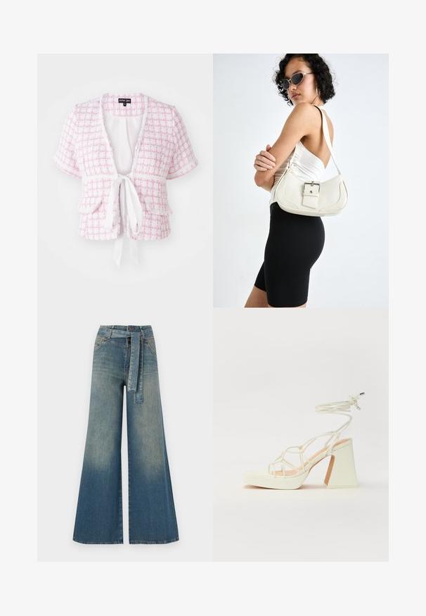 Kortermet, rosa vevd jakke med knytebelte, frontlommer og strukturert mønster. Har en bølgeformet kant og en avslappet passform.; Bredde ben jeans med en lyseblå til mørkeblå gradient, høyt liv, beltehemper og et matchende belte i samme stoff. Teksturert denimoverflate.; Hvit høyhælte sandal med kraftig hæl, med en stroppe-design og ankelbånd. Glatt tekstur med plattform foran for ekstra høyde.; Hvit lær håndveske med en buet form, justerbar stropp og en liten spenne-detalj. Modellen har på seg en tettsittende svart antrekk.
