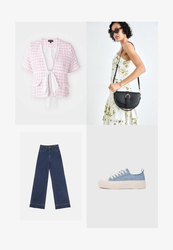 Kortermet, rosa vevd jakke med knytebelte, frontlommer og strukturert mønster. Har en bølgeformet kant og en avslappet passform.; Videbenede dressbukser i mørkeblå denim. Har fem lommer, beltestropper og en rå kant i bunden med synlige stikninger.; Lys blå canvastøfler med en kremfarget gummitupp og yttersåle, med hvite snørebånd og en løfteløkke på hælen.; Svart lærveske med en buet form, avtagbar stropp og gullbeslag. Vesken har et klaff med spenne-detall.