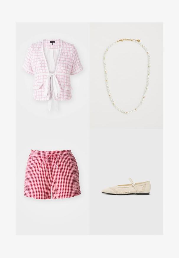Short-sleeve, pink woven jacket with a tie closure, front pockets, and textured pattern. Features a scalloped trim and a relaxed fit.; Red and white checked shorts with an elastic waistband and drawstring, featuring a lightweight fabric and relaxed fit.; Beige ballet flats with a pointed toe, a mesh design overlay, and a side buckle strap. Flat sole with a smooth texture.; Pearl necklace with alternating white oval pearls and small gold beads, featuring a gold clasp for fastening. Smooth texture overall.