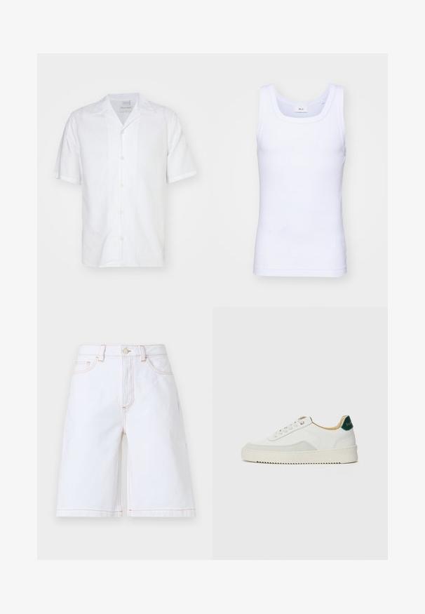 Tiger of Sweden BEKKETT - Overhemd - pure white; Witte katoenen mouwloze tanktop met een ronde halslijn, met een gladde textuur en een aansluitende pasvorm, ontworpen voor casual gebruik.; Witte denim shorts met een rechte snit, vijf zakken en contrasterende tan stiksels. Inclusief een sluiting met een knoop en ritssluiting aan de voorkant.; Witte sneaker met suède accenten, ronde neus, platte veters en een crème rubberen zool. Bevat groene branding op de hiel.