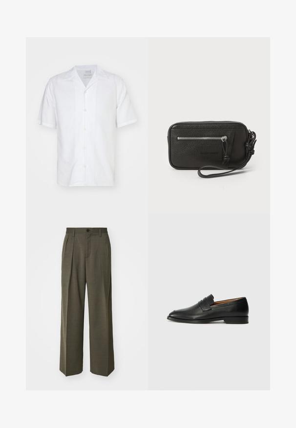 Tiger of Sweden BEKKETT - Camisa - pure white; Filippa K WIDE TROUSERS - Pantalones - driftwood; Mocasín de cuero negro con punta redonda, detalles de costura sutil y un tacón bajo, que presenta una textura suave y un diseño minimalista.; Clutch de cuero negro con superficie texturizada, bolsillo delantero con cremallera y correa de muñeca desmontable. Presenta una etiqueta de logo en el frontal. Forma rectangular.