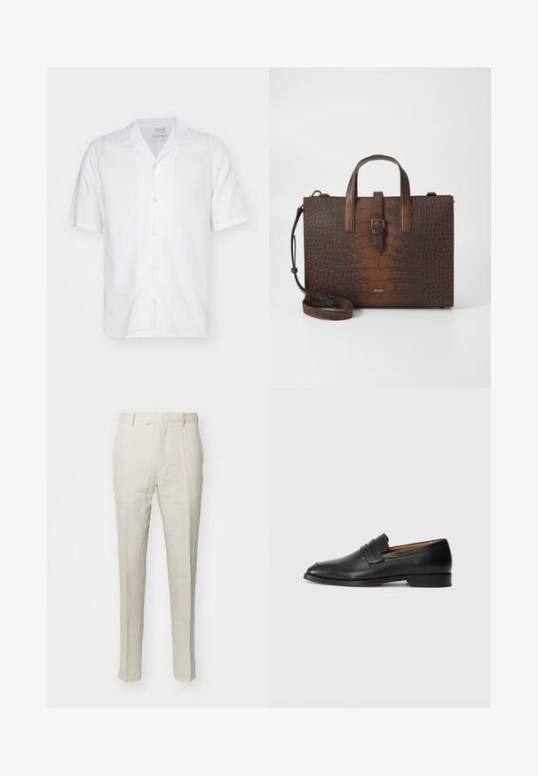 Tiger of Sweden BEKKETT - Shirt - pure white; Tiger of Sweden TENUTA - Trousers - cream sand; Black leather loafer with a rounded toe, subtle stitched detailing, and a low heel, featuring a smooth texture and minimalist design.; Brown crocodile-embossed leather handbag with top handles and a detachable shoulder strap. Features a buckle closure and rectangular shape.
