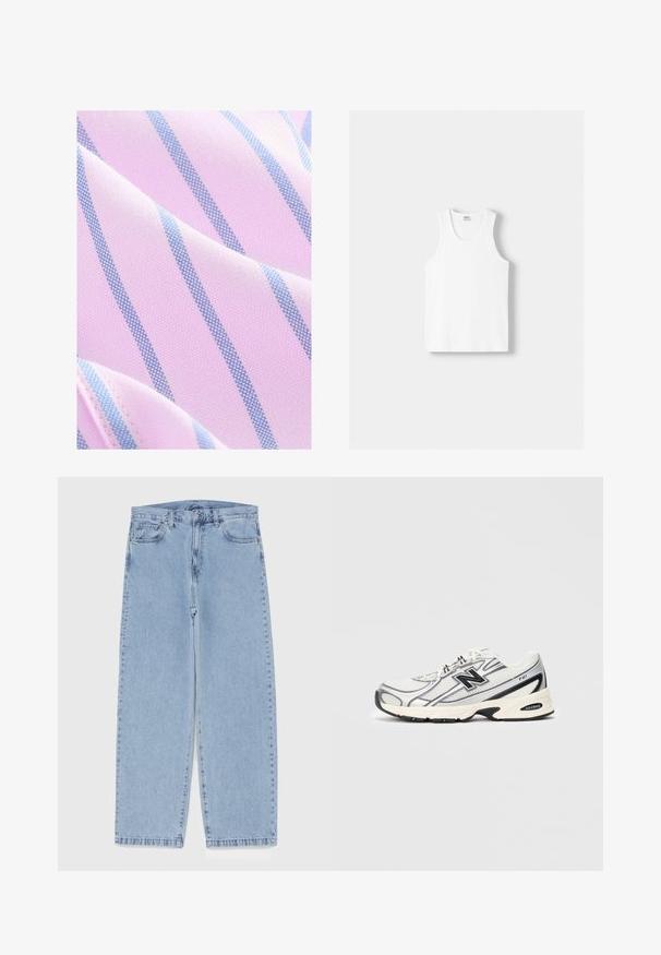 Next REGULAR FIT - Srajca - pink blue; Bela bombažna majica brez rokavov z okroglo izrezom, širokimi naramnicami in ravnim robom, ki se ponaša z gladko teksturo in brez vidnih vzorcev.; Svijetloplave traperice s ravnim nogavicama, srednjeg struka, pet džepova te zatvaranjem na gumb i munju.; Beli in sivi športni copat z črnim logotipom "N", mrežasto zgornjim delom, podplatom z oblazinjenjem in vezalnim dizajnom, prikazan na enobarvnem svetlo sivo ozadju.