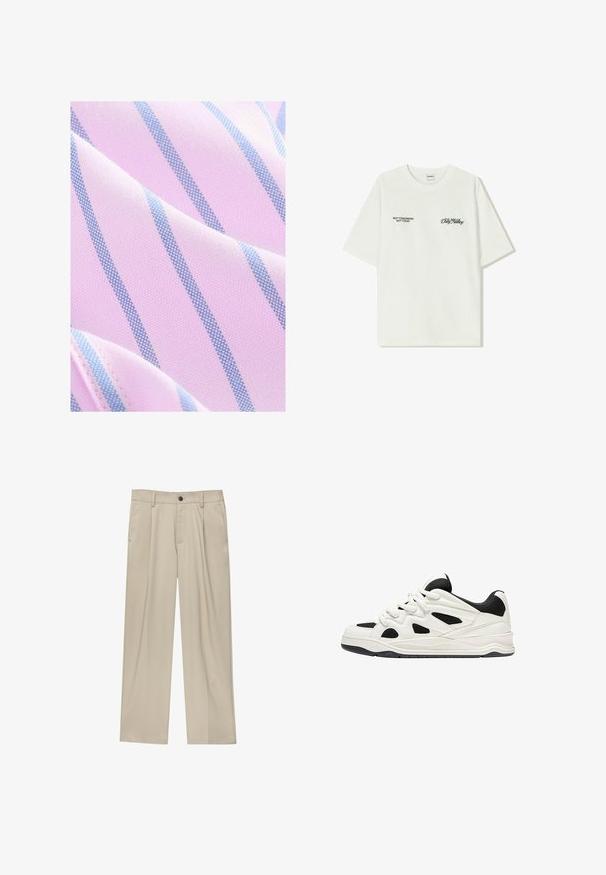 Next REGULAR FIT - Košile - pink blue; Bílý bavlněný tričko s krátkým rukávem. Na přední straně je černý text: "NE ZÍTRA, NE DNES" a "UMĚNÍ PRACOVÁNÍ S HLÍNOU" v zeleném písmu.; Béžové kalhoty klasického střihu, se jedním černým knoflíkem, poutky na opasek a bočními kapsami. Hladká textilie a minimalistický design.; Bílé a černé sportovní boty s texturovanou podrážkou, s výřezovými vzory na bocích a tkaničkami, a měkkým zadním dílem pro podporu.