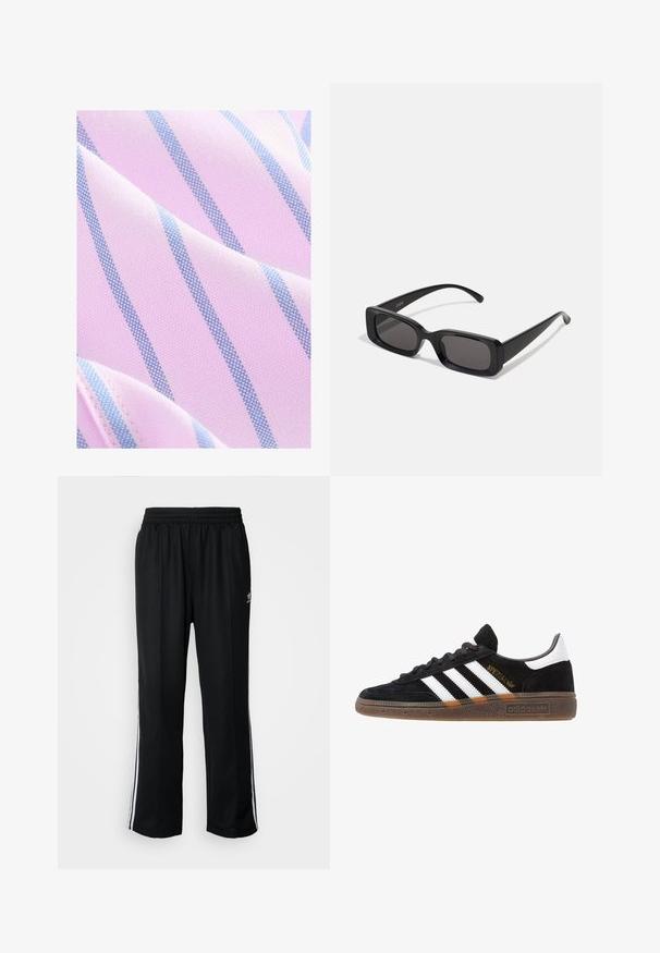Next REGULAR FIT - Hemd - pink blue; Schwarze Sporthosen mit elastischem Bund, ausgestattet mit weißen Seitenstreifen und einem kleinen Logo. Das Material wirkt weich und leicht.; Schwarzer Adidas Sneaker mit weißen Streifen, goldenem "Spezial"-Text, Gummisohle und weißem Fersenbereich, seitliche Ansicht.; Schwarze rechteckige Sonnenbrille mit dunklen Gläsern, glänzender Oberfläche, breiten Bügeln und einem klobigen Rahmen-Design. Gravierter Markenname auf einem Bügel.
