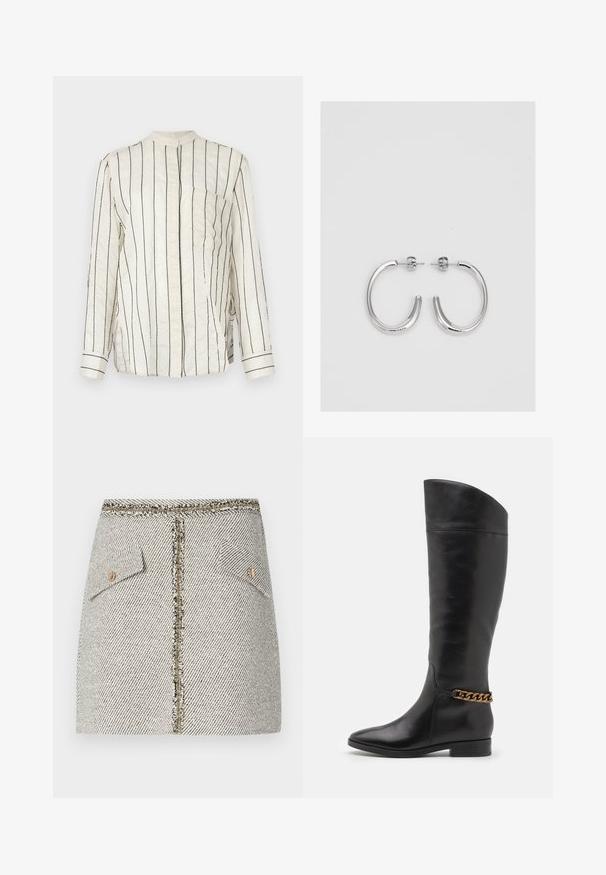 Chemise à manches longues en tissu crème avec des rayures verticales noires, dotée d'un col mandarin, d'une fermeture à boutons sur le devant et d'une poche à la poitrine.; Jupe en tweed tissé dans un motif à chevrons noir et blanc, dotée de deux poches avant et d'une fermeture éclair dorée à l'arrière avec des bords effilochés.; Bottes en cuir noir hautes au design épuré, avec un bout pointu et un accent en chaîne dorée à la cheville. Talon bas en bloc. Texture lisse.; Boucles d'oreilles en argent avec une finition lisse et brillante. Forme arrondie, conception légère, avec un fermoir à tige.