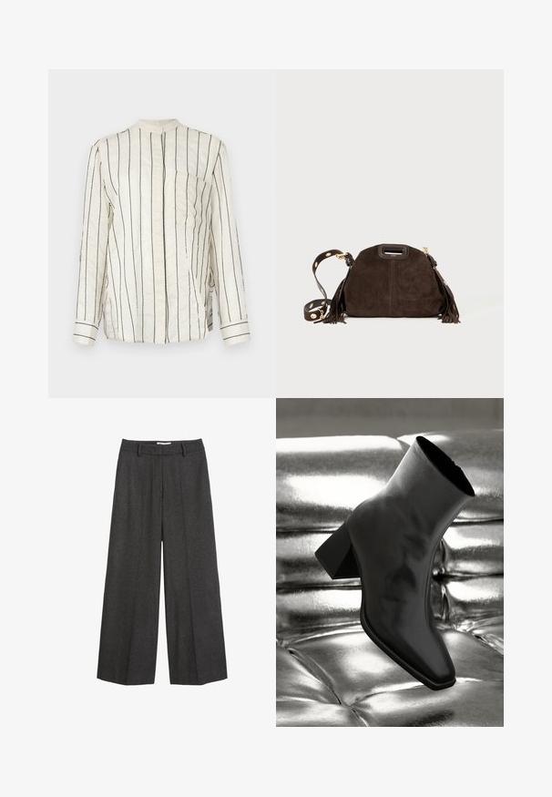 Hosszú ujjú ing krémszínű anyagból, függőleges fekete csíkokkal, mandarin gallérral, elülső gombos zárással és mellzsebbel.; Fehér selymes ujjatlan top, kerek nyakkivágással és sima felülettel, finom fényvédelemmel és letisztult élekkel.; Sötét szürke anyagú, széles lábú nadrág. Testre szabott derékpánttal rendelkezik, övhurkokkal, sima textúrával és minimális varrási díszítésekkel.; Fekete bokacsizma fényes anyagból, négyzetes orral és szűkített sarkú, egy csillogó ezüst kárpitozott háttér előtt.; Barna nubuk bőr kézitáska lekerekített formával, dekoratív bojtokkal, leválasztható pánttal, amely arany színű fémrészekkel van ellátva, és egy felső fogantyúval.
