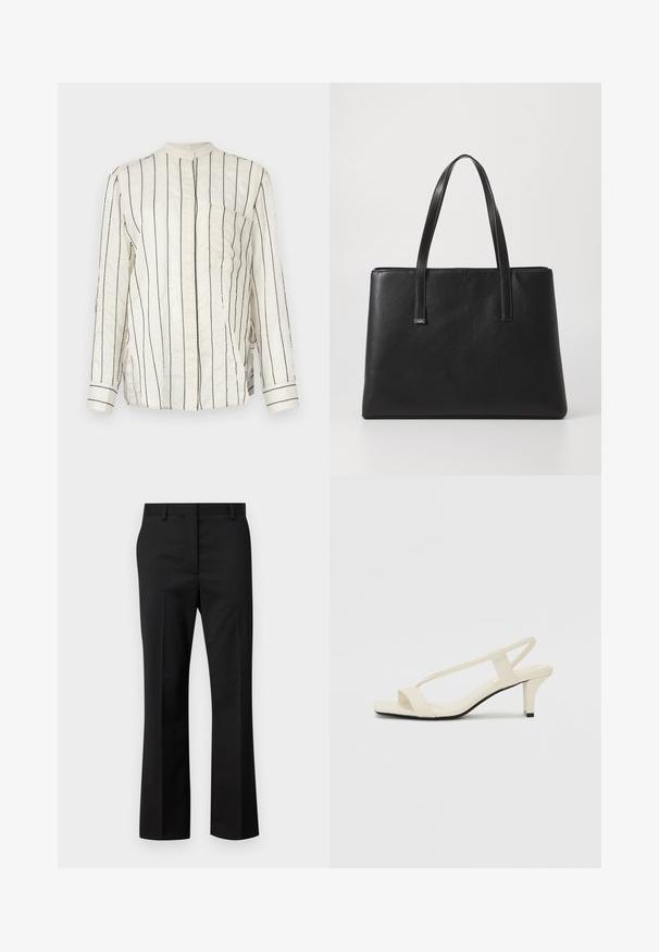 Camisetta a maniche lunghe in tessuto crema con strisce nere verticali, dotata di colletto alla mandarina, chiusura anteriore con bottoni e tasca sul petto.; Pantaloni neri su misura con design a gamba dritta. Realizzati in un tessuto liscio, presentano una vita piatta e una cintura standard con passanti per cintura.; Sandali con tacco a blocco beige, con sottili cinturini e punta quadrata. Materiale liscio con dettagli minimi, progettati per un facile utilizzo.; Borsa a spalla nera in pelle con due manici lunghi, forma rettangolare, superficie testurizzata e design minimalista. Nessun hardware o accenti visibili.