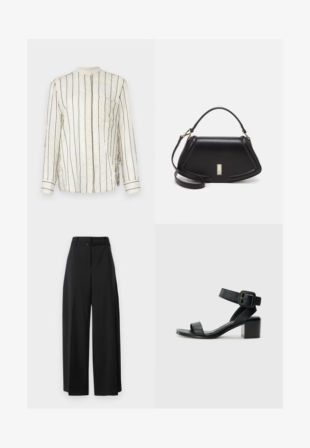Long-sleeve shirt in cream fabric with vertical black stripes, featuring a mandarin collar, front button closure, and chest pocket.; Black wide-leg trousers with a high waist and a belt. Features a smooth texture and clean lines, designed for a relaxed fit.; Black leather heeled sandal with adjustable ankle strap, open toe design, and a square block heel. Smooth texture, minimalistic style.; Black leather handbag with a structured design, featuring a cropped shape, top handle, and gold hardware accent. Adjustable shoulder strap included.