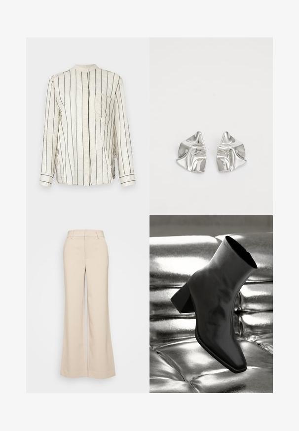 Long-sleeve shirt in cream fabric with vertical black stripes, featuring a mandarin collar, front button closure, and chest pocket.; Beige wide-leg trousers with a smooth texture, featuring a high waistband and two front pockets. Clean design with a tailored fit.; Black ankle boot made of glossy material with a square toe and tapered heel, set against a shiny silver tufted background.; Silver metal earrings with a wavy, sculptural design featuring a polished finish and irregular shapes, highlighting a contemporary aesthetic.