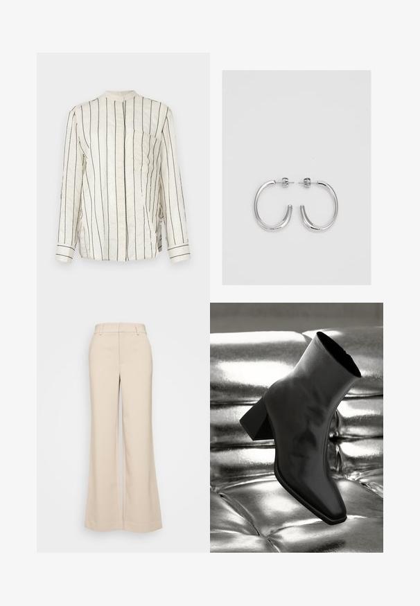 Košulja s dugim rukavima od kremastog materijala s vertikalnim crnim prugama, s mandarin ovratnikom, prednjim zatvaranjem na dugmad i džepom na prsima.; Bež hlače širokih nogavica s glatkom teksturom, koja imaju visoki struk i dva prednja džepa. Čist dizajn s prilagođenim krojem.; Crni gležnjača napravljena od sjajnog materijala sa četvrtastim vrhom i suženom petom, postavljena protiv srebrne sjajne pozadine sa nabranim uzorkom.; Srebro naušnice u obliku prstena s glatkom, sjajnom završnom obradom. Zaobljenog oblika, laganog dizajna, s kopčom na poleđini.
