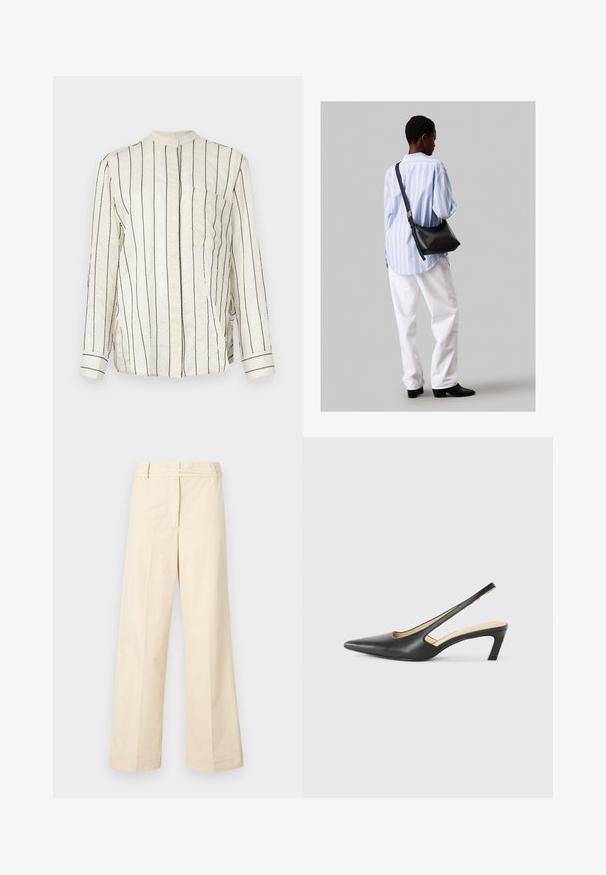 Langermet skjorte i kremfarget stoff med vertikale svarte striper, med mandarin krage, knapplukking foran og brystlomme.; Beige vide bukser med flad front, bæltestropper og lynlås. Fremstillet af let bomuldsstof med en glat tekstur.; Svart spiss tå slingback-sko med lav hæl, laget av jevnt skinnmateriale og med utskåret design på siden for pusteevne.; Svart lær skulderveske med en myk tekstur, trekantet form og justerbar stropp, kombinert med en lyseblå stripete skjorte og hvite bukser.