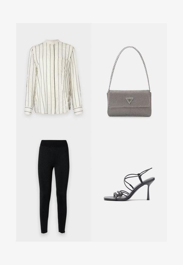 Langærmet skjorte i cremefarvet stof med lodrette sorte striber, med ståkrave, frontknaplukning og brystlomme.; Sorte leggings med en ribbet talje, lavet af tekstureret stof med en subtil metallisk glans, med lynlåse ved ankelkanterne.; Sorte højhælede sandaler med tynde stropper og en knyttet design, en glat firkantet tå og en slank stiletto hæl.; Lys grå metallisk håndtaske med kædestrop, dekoreret med små runde metalliske studs og et trekantet brandlogo.; Sølv hoop øreringe med en glat, skinnende overflade. Rundet form, letvægtsdesign med post-back lukning.