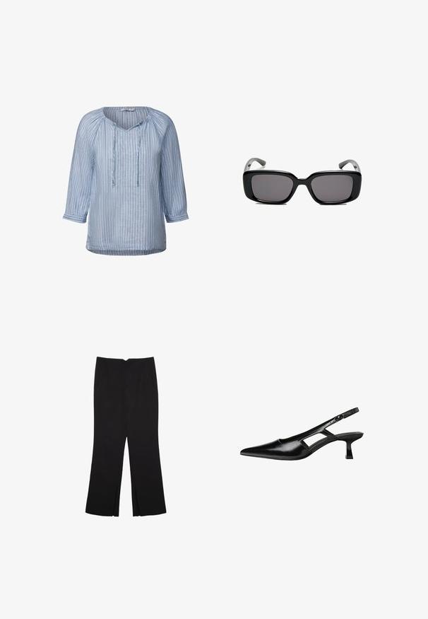 Blusa di lino azzurro chiaro con strisce verticali bianche, scollo a V, maniche a trequarti e dettaglio con cordoncino al collo. Texture liscia.; Pantaloni neri a gamba dritta, con tasche frontali e spacchi laterali all'orlo. Realizzati in tessuto morbido e liscio. Adatti a diverse occasioni.; Tacchi slingback in pelle verniciata nera con punta affusolata, design con tagli laterali e tacco quadrato piccolo. Texture liscia con dettagli minimi.; Occhiali da sole neri rettangolari con lenti scure, montatura in plastica liscia e tempie curve. Il design è voluminoso con un'estetica minimalista.