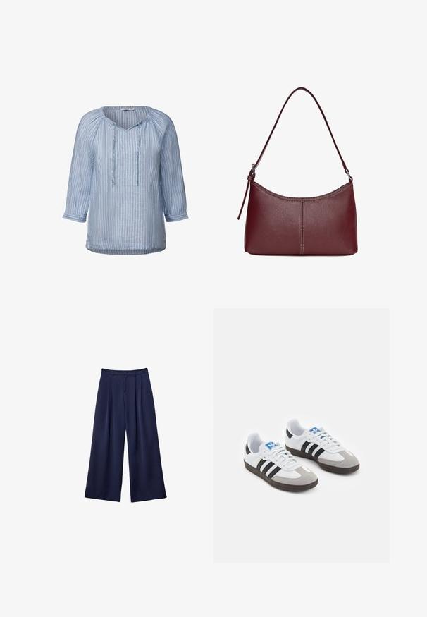 Světle modrá lněná blůza s bílými svislými pruhy, výstřihem do V, tříčtvrtečními rukávy a detailem s tkaničkou na výstřihu. Hladká textura.; Námorně modré kalhoty s širokými nohavicemi, s plisovaním, knoflíkovým páskem a poutky na opasek, zobrazené položené na bílé pozadí.; Sportovní boty s bílým koženým svrškem, šedou semišovou špičkou a třemi černými pruhy. Obsahují modré logo na jazyku a texturovanou gumovou podrážku.; Vínová kožená kabelka s zakřiveným tvarem, jediným ramenním popruhem a prošíváním ve středu. Hladký povrch, minimální kovové prvky.