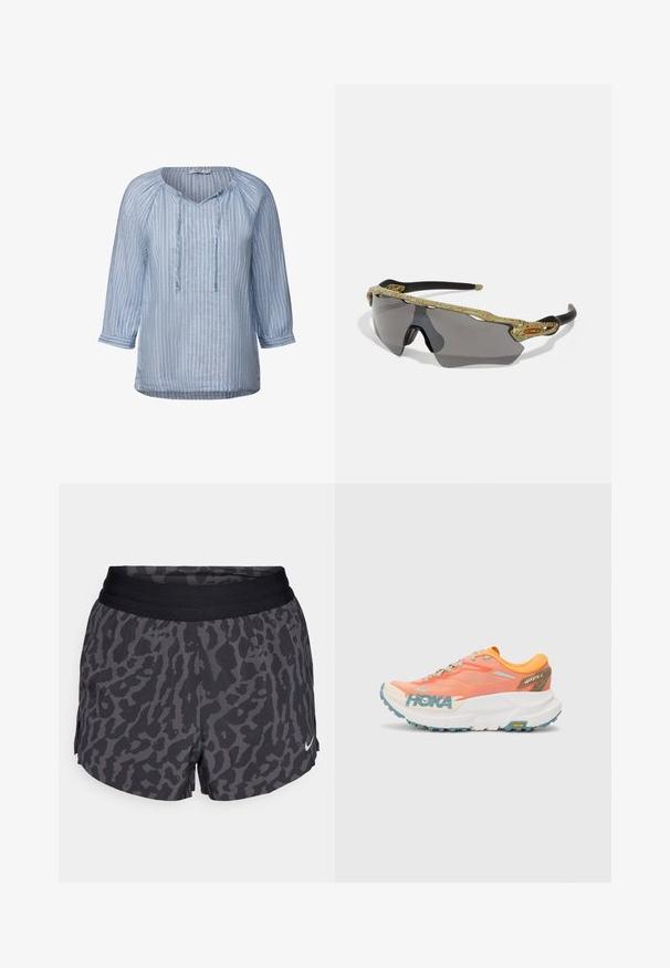 Blouse en lin bleu clair avec des rayures verticales blanches, encolure en V, manches trois-quarts et détail à cordon au niveau du col. Texture lisse.; Shorts à imprimé léopard noir et gris avec une large ceinture élastique, présentant un léger brillant et un petit logo blanc de Nike en bas à droite.; Baskets de course orange et rose avec tige en maille, semelle intermédiaire blanche, semelle extérieure Vibram et accents bleu clair. Présente le logo HOKA sur le côté.; Lunettes de soleil de sport avec une monture à motifs verts, des branches noires et des verres gris. Le design présente un style enveloppant avec une forme audacieuse et sportive.