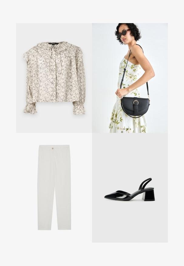 Kerge, kreemjas pluus, millel on väike lilleline muster. Omab volangkaela, lipsu detaili ning kokku tõmmatavaid varrukaid, millel on laienevad mansetid. Viis nööpi.; Valged kohandatud püksid sirge lõikega, varustatud nupuga kinnitusega, vöödega ja küljetaskutega; sile kangatekstuur.; Mustad musta lakknahk kingad, millel on terav varvas ja geomeetriline plokkkonts. Omab elegantselt minimalistlikku disaini ja sujuvat tekstuuri.; Mustmust mustraha kõverate joontega, eemaldatava rihmaga ja kuldsete detailidega. Kotil on klapp, millel on pandladetail.