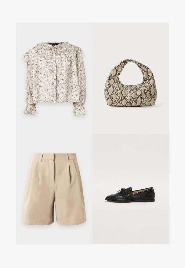 Könnyű, krém színű blúz kisméretű virágmintával. Ráncolt gallérral, megkötő részlettel és fodros ujjak flared mandzsettával rendelkezik. Öt gomb.; Beige, magas derekú, szabott sort övhurkokkal, elülső redőkkel és rejtett elülső zárással, fehér háttér előtt.; Fekete bőr lófarok cipők, megkötött masnival, arany szemcsés díszítéssel az oldalán és lapos gumitalppal. Simaság, klasszikus dizájn.; Kígyómintás kézitáska ívelt fogantyúval. Texturált, bézs és barna anyagból készült, jellegzetes gyémántmintával.