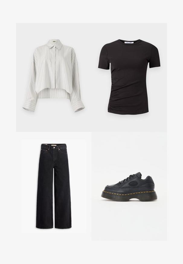 Striped blouse with a cropped design, made of lightweight fabric. Features a button-down front, collar, and wide, rolled cuffs. Light gray and white.; Black short-sleeve t-shirt made of soft fabric, featuring a crew neck and gathered detailing on the left side for subtle texture.; Black wide-leg jeans made of denim, featuring five pockets, copper rivets, and a classic button closure. Smooth texture with a clean design.; Black leather sneaker with textured finish, round toe, and thick platform sole. Features yellow accent stitching and branded side logo.