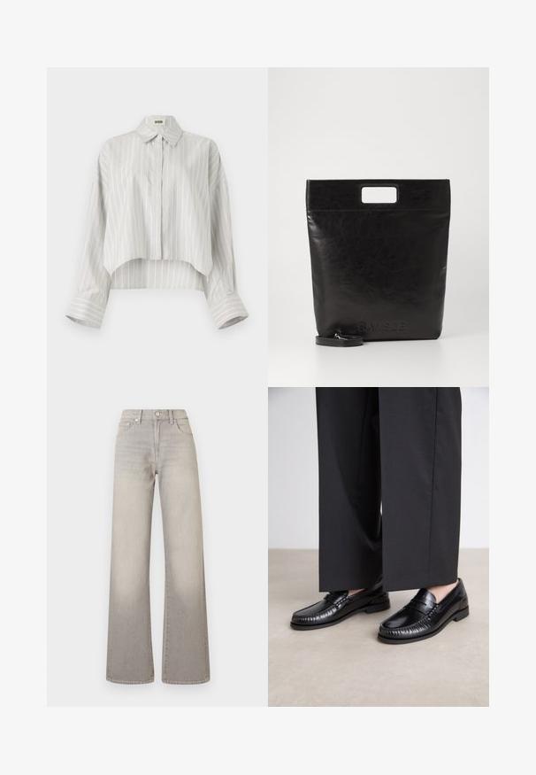 Črtasta bluzica s skrajšano obliko, narejena iz lahkotnega materiala. Ima zapenjanje spredaj na gumbe, ovratnik in široke, zavihane rokave. Svetlo siva in bela.; Sive široke jeans hlače z utonulim zaključkom, z gumbom za zapiranje, petimi žepi in šiviljskim detajlom ob šivih.; Črne usnjene loafer čevlje z gladko površino, stikani detajli okoli prstov in nizko gumijasto podplat. Usklajeni z širokimi črnimi hlačami.; Črna usnjena torba s kvadratnim ročajem, ki ima teksturirano obdelavo in vtisnjen logotip. Vključuje odstranljiv trak.