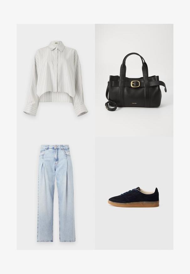Stripet bluse med en croppet design, laget av lett stoff. Har knappelukking foran, krage og brede, rullede mansjetter. Lysegrå og hvit.; Lyseblå denimjeans med høy livlinje, vide ben, to sidelommer og plisserte detaljer. Myk tekstur med en falmet finish.; Navy blå semsket sneakers med såle av gummikaramell, blå lisser og minimalistisk design. Har preget logo på siden og glatt innerfôr.; Svart lærveske med en strukturert design, doble topphåndtak, gullfarget spenneakent og preget merke-logo foran.