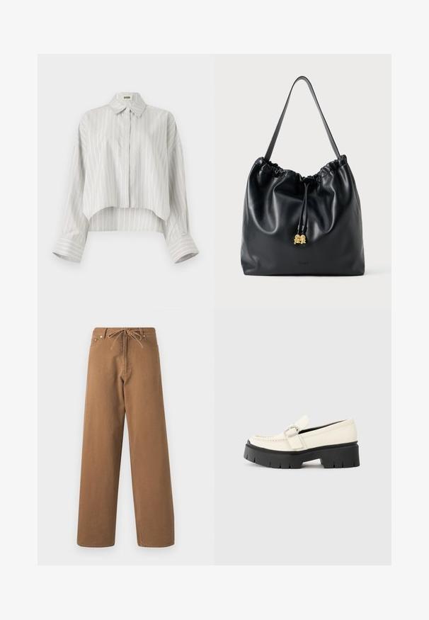 Črtasta bluzica s skrajšano obliko, narejena iz lahkotnega materiala. Ima zapenjanje spredaj na gumbe, ovratnik in široke, zavihane rokave. Svetlo siva in bela.; Rjave hlače širokega kroja, izdelane iz bombaža, z elastičnim pasom na vrvico in dvema sprednjima žepoma. Tekstura blaga z gladko površino.; Bela usnjena loafer čevlja z debelim črnim podplatom, ki ima pravokotno srebrno zaponko in vidne šive na zgornjem delu.; Črna usnjena torba s vrvico z gladko teksturo, nabranim vrhom in subtilno zlatasko strojno opremo. Ima eno robustno naramnico in vtisnjen logotip.