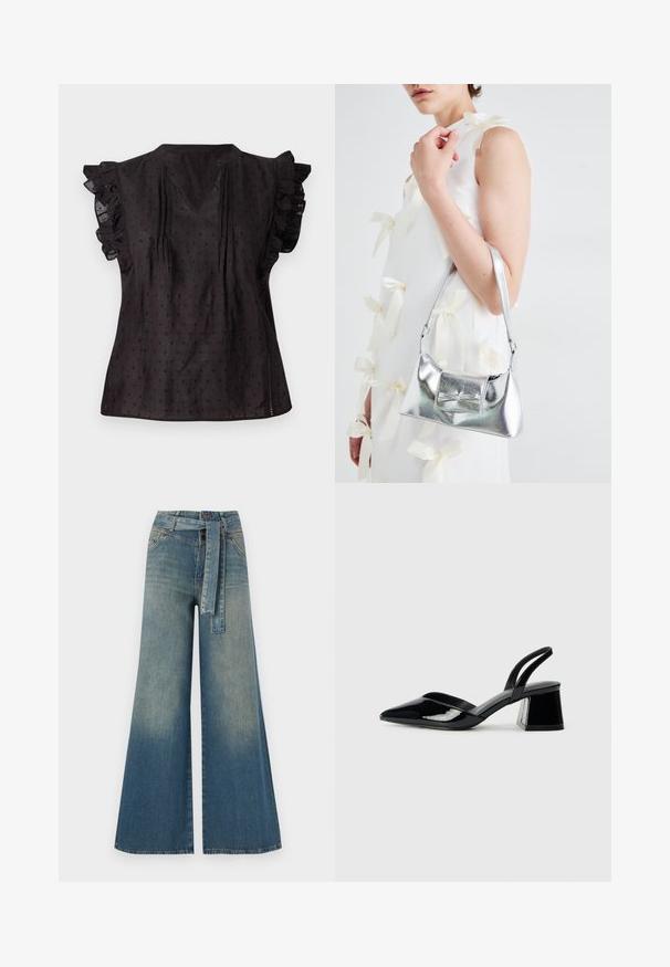 Czarna bluzka z dekoltem w serek, marszczonymi krótkimi rękawami, teksturowanym materiałem i małym wzorem w kropki. Boczne rozcięcia zwiększają komfort.; Szerokie spodnie dżinsowe z gradientem od jasnoniebieskiego do ciemnoniebieskiego, wysokim stanem, szlufkami na pasek oraz pasującym paskiem z tkaniny. Teksturowany wykończenie dżinsu.; Czarne lakierowane półbuty na obcasie z wydłużonym noskiem i geometrycznym słupkiem. Charakteryzują się eleganckim, minimalistycznym designem oraz gładką fakturą.; Srebrna metaliczna torebka o strukturalnym kształcie, wyposażona w górną rączkę i detal w postaci kokardy z przodu. Gładka tekstura, odbijające światło wykończenie.