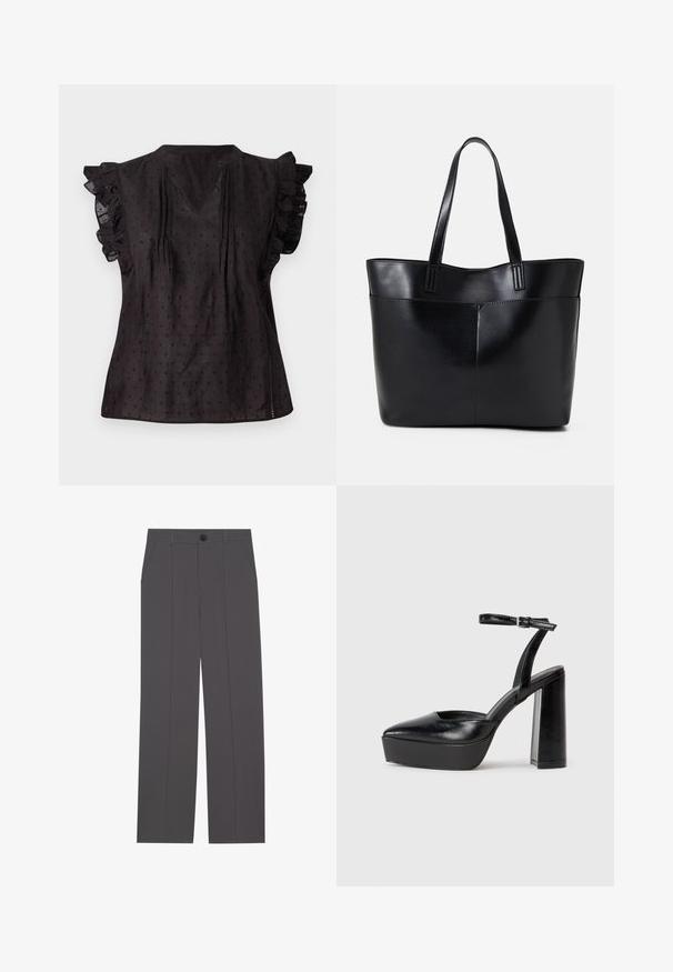Schwarzbluse mit V-Ausschnitt, gefransten kurzen Ärmeln, strukturiertem Stoff und kleinem Punkte-Muster. Seitenschlitze erhöhen den Komfort.; Graue Hose im geraden Schnitt, mit zwei seitlichen Taschen und einem Knopfverschluss. Glattes Material ohne sichtbare Muster oder Akzente.; Schwarze Plateau-High Heels mit spitzem Zeh und verstellbarem Knöchelriemen. Gefertigt aus glattem Leder und mit einem klobigen Blockabsatz.; Schwarze Leder-Shopper-Tasche mit zwei langen Griffen, einer glatten Textur und einer strukturierten Form. Verfügt über eine Vordertasche für zusätzlichen Stauraum.