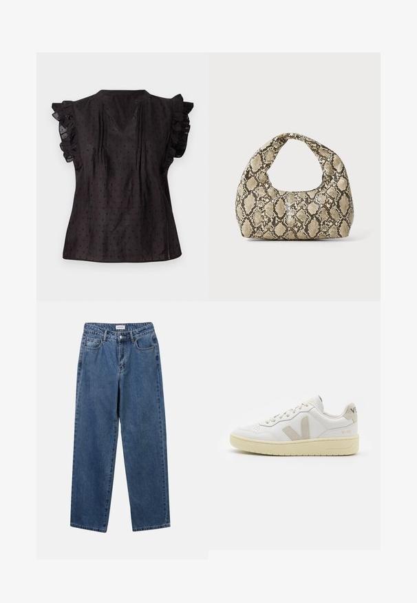 Czarna bluzka z dekoltem w serek, marszczonymi krótkimi rękawami, teksturowanym materiałem i małym wzorem w kropki. Boczne rozcięcia zwiększają komfort.; Klasyczne niebieskie dżinsy o prostym kroju, pięć kieszeni i zapięcie na guzik. Charakteryzują się średnim odcieniem i solidną teksturą.; Białe skórzane trampki z beżowymi zamszowymi akcentami, perforowanym noskiem, płaskimi sznurowadłami i teksturowaną kremową podeszwą. Posiadają subtelne logo na pięcie.; Torebka w wężowy wzór z zakrzywionym uchwytem. Wykonana z teksturowanych, beżowych i brązowych materiałów, z charakterystycznym wzorem w diamenty.