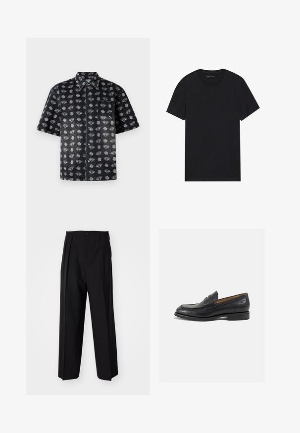 Kortermet svart denimskjorte med et mønster av diamantformer og skyer i grått, med en frontlomme og knappelukking.; Svart bomulls t-skjorte med korte ermer og rund hals. Stoffet har en glatt tekstur og et enkelt, ensfarget design.; Sorte plissert bukser med en rett, bred benform. Laget av glatt stoff, med knappelukking og beltehemper.; Sorte lær loafers med en glat overflade, rund tå og dekorativ syning på forfoden. Lav stablet hæl og let glans.