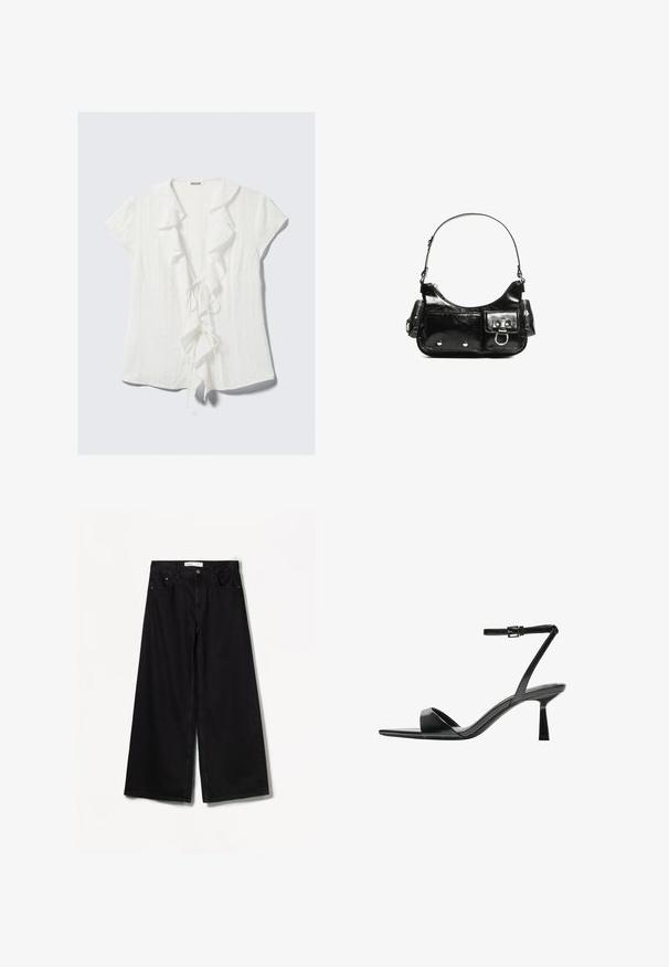 Bluză albă cu mâneci scurte, cu un guler plisat, închidere prin legare în față și un material creponat texturat.; Bershka WIDE-LEG - Wide leg - black; Bershka Sandale cu toc - black; Geantă de mână din piele lăcuită neagră, cu o formă curbată, un umăr, buzunare frontale și accente din metal argintiu.