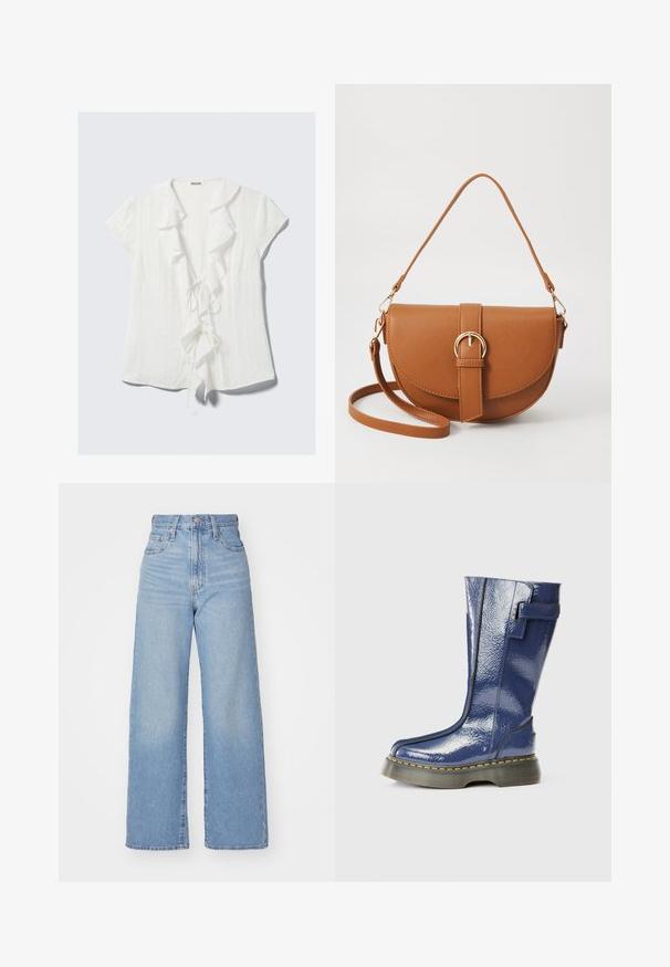 Witte blouse met korte mouwen, heeft een gerimpelde kraag, striksluiting aan de voorkant en een gestructureerde crêpe stof.; Lichtblauwe high-waist wijde jeans met een knoop- en ritssluiting aan de voorkant, voor- en achterzakken, op een witte achtergrond.; Blauwe, glanzende kniehoge laars met een ronde neus, zijrits en verticale naaddetails. Beschikt over een dikke, zwarte platformzool met gele stiksels.; Bruine leren schoudertas met een gebogen vorm, gouden hardware en een gespaccent. Bevat een afneembare schouderriem.