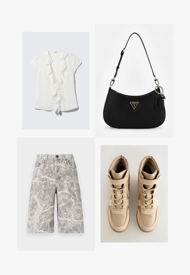 Valge lühikeste varrukatega pluus, mis on varustatud volangiga kaelusega, ees paeltega kinnitamisega ja tekstuurse kreppkangaga.; Kamo mustriga teksashortsid halli ja beeži tooni, klassikalise viie tasku ja metallnööpide sulgemisega.; Beezhivärvi kõrged spordijalatsid tekstuurse nahast ja seemisnahast ülemise osaga, millel on nööbid, takjakinnitusega rihm ja kummitald.; Must zwart sünteetilisest materjalist õlakotil on kaarjas siluett, struktureeritud viimistlus, kultne kolmnurga logo ja eemaldatavad metallaktsendid.; Mitmekihiline hõbekett, millel on kettid, valged helmed, tähe- ja poolkuu ripatsid, ning alumises osas ümmargune ripats, millel on päikesekiirte disain.