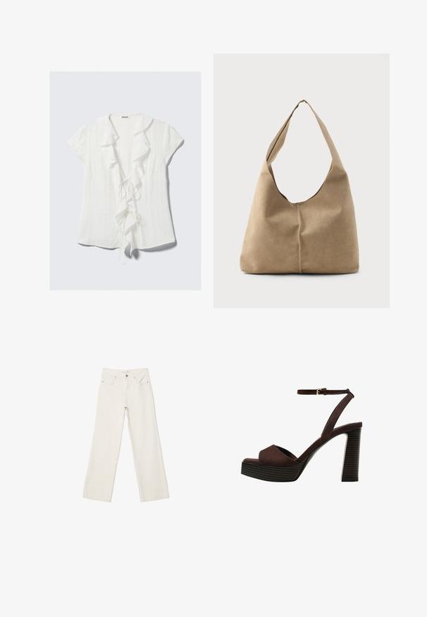 Bijela bluzica kratkih rukava s čipkastim ovratnikom, vezanjem sprijeda i teksturiranim krepa tkaninom.; Bijele široke traperice s visokim strukom, prednjim džepovima i dugmetom za zatvaranje. Čist dizajn s minimalnim naglascima.; Smeđe zamšaste sandale s visokim potpeticama, otvorenim prstima, podesivom trakicom oko gležnja i prugastom platformom.; Torba hobo u mekanom bež antilopu s opuštenim oblikom, širokim remenom za rame i ručno šivenim detaljem na prednjoj strani.