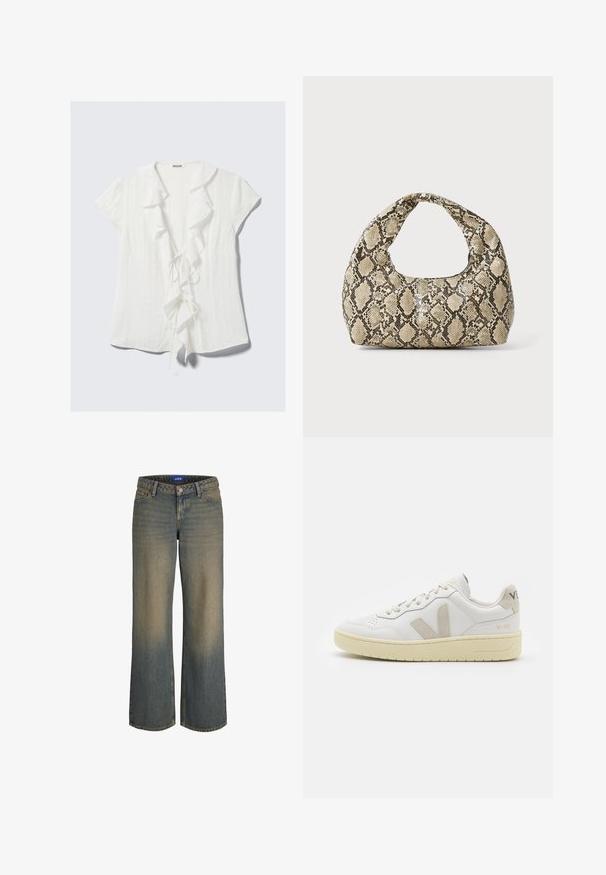 Hvit kortermet bluse med volangkrage, knytelukking foran og teksturert kreppstoff.; Viddebukser i blå denim med en lys til mørk gradient, fem-lommer design og knappestolpe. Sømdetaljer på kantene.; Hvite lær sneakers med beige semsket detaljer, perforert tåboks, flate lisser og en teksturert kremfarget såle. Har subtil branding på hælen.; Veske med slangeskinnmønster og krummet håndtak. Laget av teksturerte, beige og brune materialer, med et særegent diamantmønster.