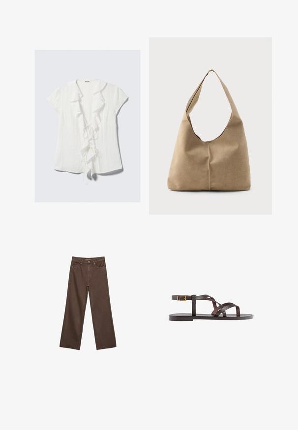Valkoinen lyhythihainen paita, jossa on röyhelökaulus, nauhakiinnitys edessä ja tekstuurinen crepe-kangas.; Leviittävät ruskeat farkut, jotka on valmistettu denimistä, korkea vyötärö, etutaskut ja klassinen nappikiinnitys. Silkkinen pinta hienovaraisella ompelutyöllä.; Ruske kožne sandale s križnim trakama, zatvaranjem na kopču oko gležnja i ravnim potplatom s minimalnim detaljima šivanja.; Hobo-laukku pehmeästä beige-suedesta, jossa on löysä muoto, leveä olkahihna ja käsinommeltu sauma edessä.