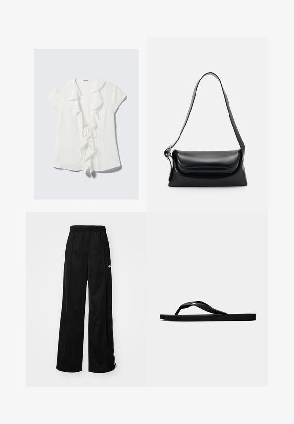 Blouse blanche à manches courtes avec un col froncé, fermeture par lien à l'avant et en tissu crêpe texturé.; Pantalons de survêtement larges noirs avec une taille élastique, ornés de bandes latérales blanches et d'un petit logo sur la hanche gauche. Texture de tissu lisse.; Tong sandale en caoutchouc noir avec une bride en T texturée et une semelle plate simple, montrée de côté sur un fond clair.; Sac à main en cuir noir avec une forme structurée, une texture lisse et une seule bandoulière. Présente un design de rabat arrondi et subtil.